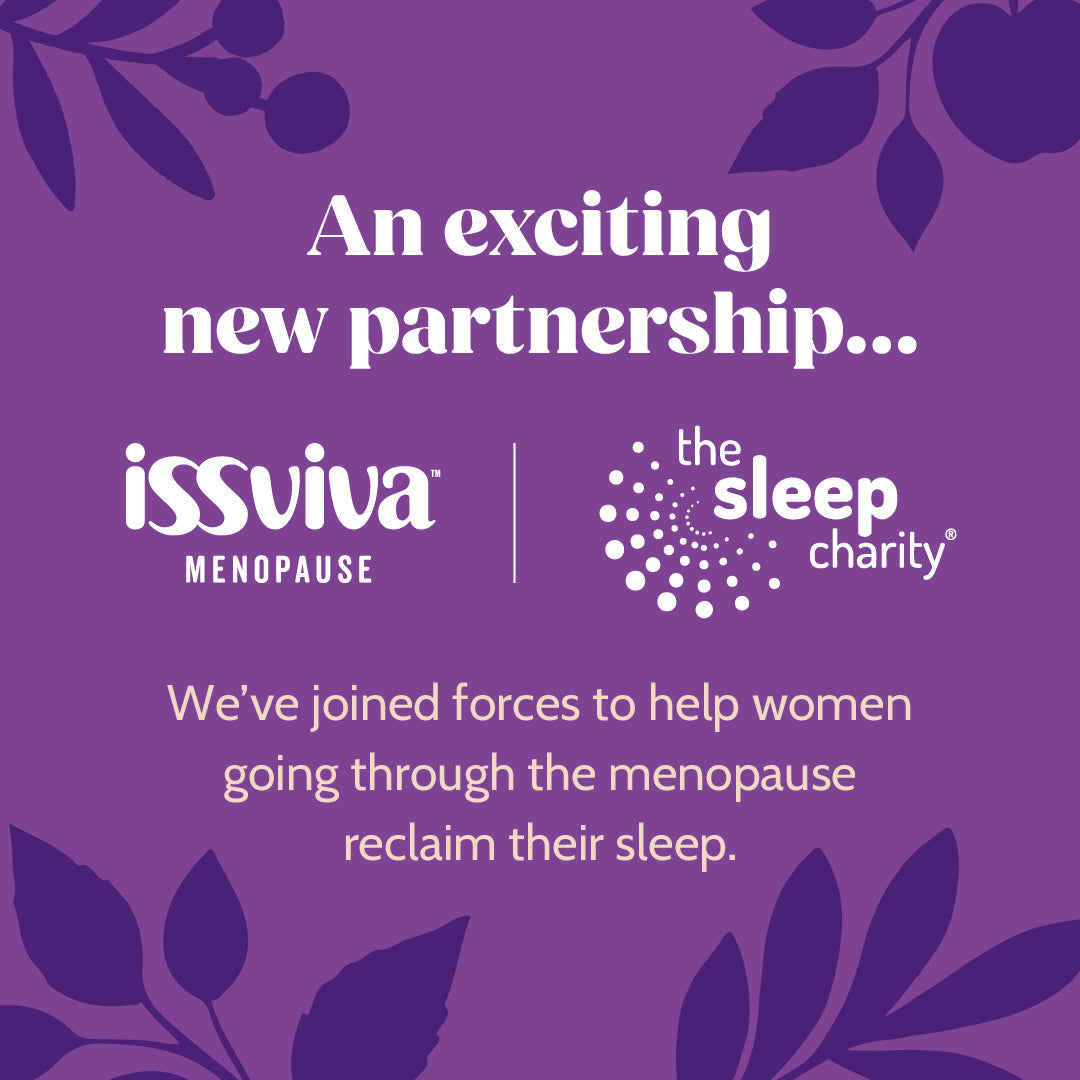 Promotional graphic for issviva Menopause and The Sleep Charity partnership on a purple background with leaf designs.