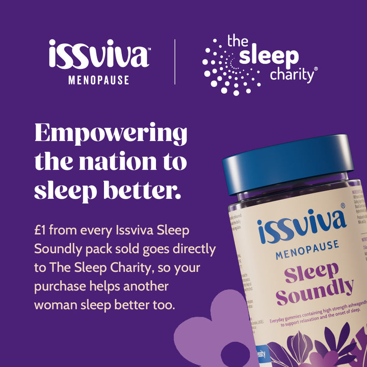 Issviva Menopause Sleep Soundly supplement packaging with branding and text on a purple background