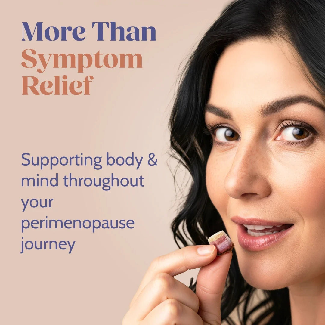 Woman holding a supplement with text about perimenopause support on a beige background