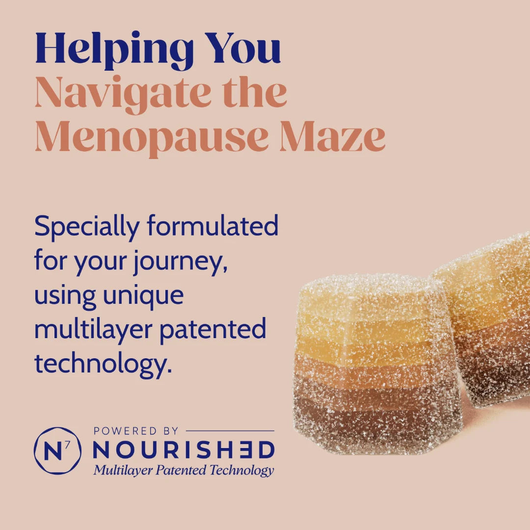 Product packaging with text about navigating menopause using Nourished technology.
