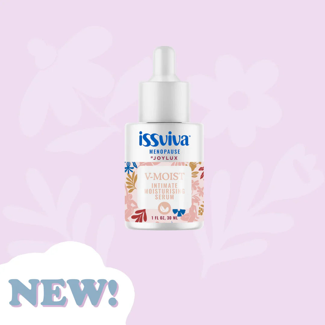 Issviva x Joylux V-Moist Intimate Moisturising Serum in a sleek white bottle with a subtle gradient, featuring a pump dispenser
